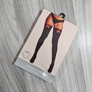 Ann Summers Black Opaque Thigh High Stockings with Red PU Bow, Size M